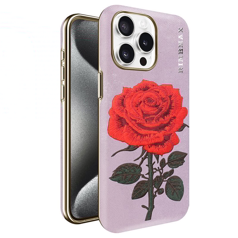 For iPhone Embroidery Phone Case Electroplated Rose Embroidery Leather Case