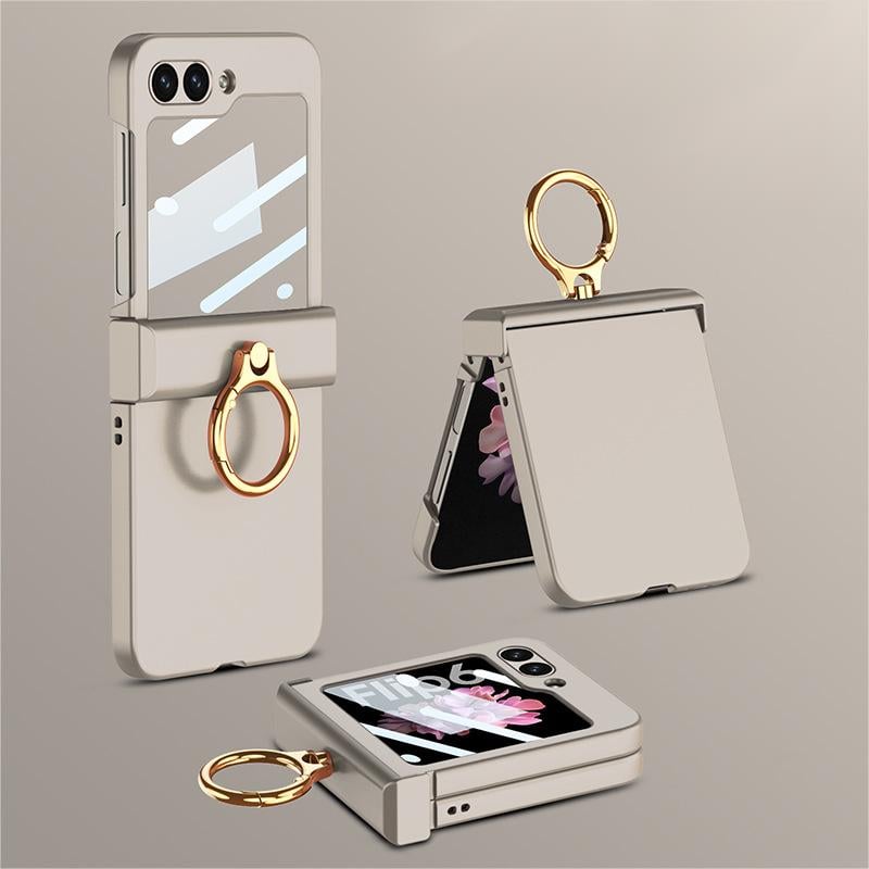 Ultra-thin mobile phone case with hinge ring holder and shell-film integrated for Galaxy Z Flip 5/Galaxy Z Flip 6, drop-proof