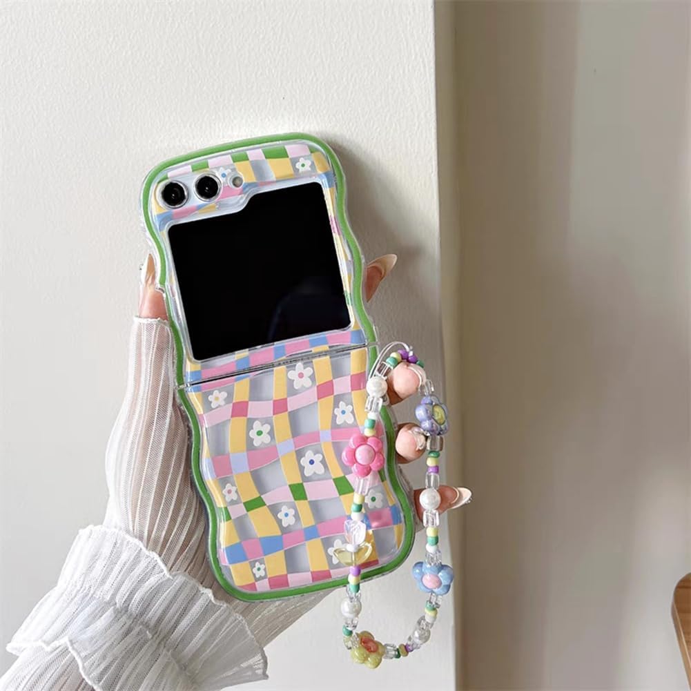 Cute Flower Case For Galaxy Z Flip 3/Galaxy Z Flip 4/Galaxy Z Flip 5/Galaxy Z Flip 6 – Checker and Daisy Print with Lovely Floral Beads Strap & Curly Wave Frame