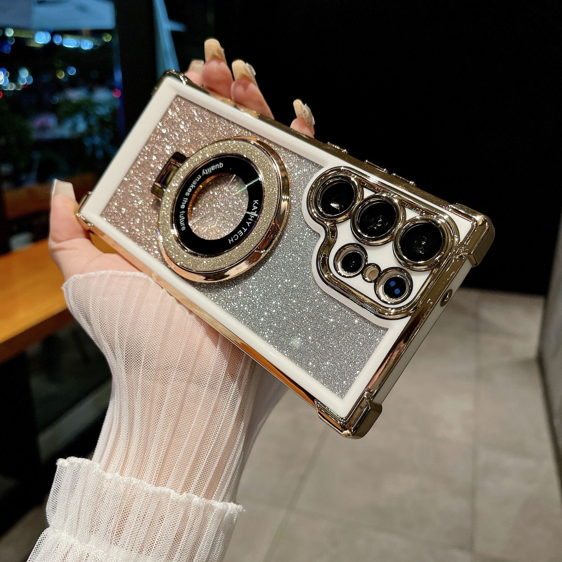 Two-color Glitter Magnetic Holder Airbag Phone Case For Samsung Galaxy S23 S24 Plus Ultra