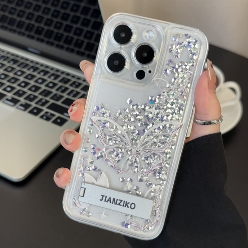 Riot Silver Butterfly Phone Case, Big Hole Diamond Quicksand Stand Case