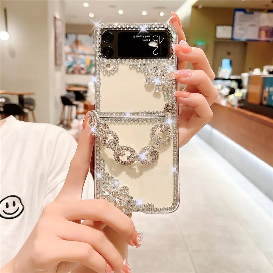 Glitter Rhinestone Flower and Luxury Pearl Flower Phone Case for Galaxy Z Flip 3/Galaxy Z Flip 4/Galaxy Z Flip 5/Galaxy Z Flip 6 with Bracelet