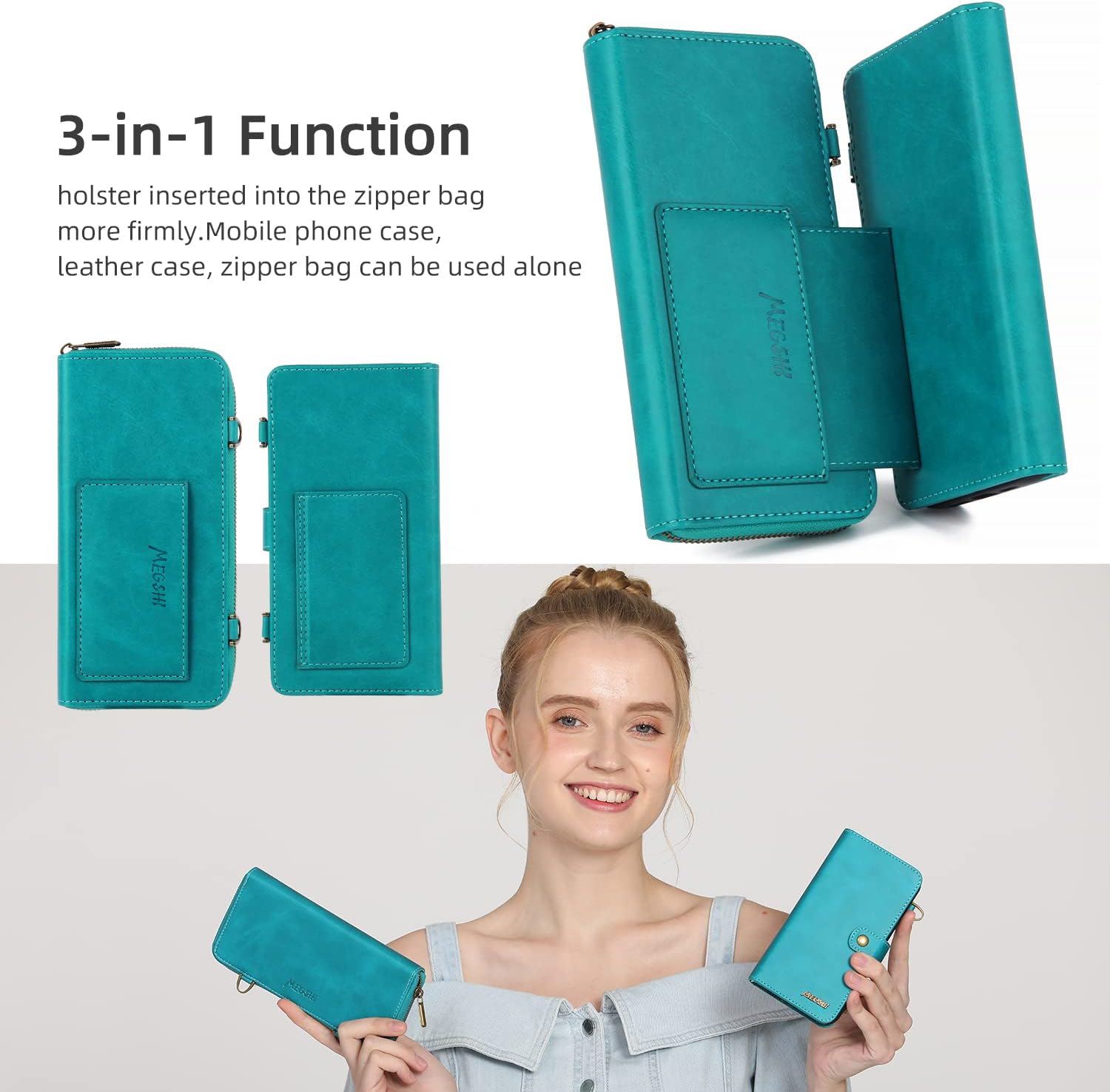 TwoHead for iPhone Wallet Case, Multi-Function Detachable 3 in 1 Magnetic Phone Case Wallet, Flip Strap Zipper Card Holder Phone Case with Shoulder Straps for iPhone