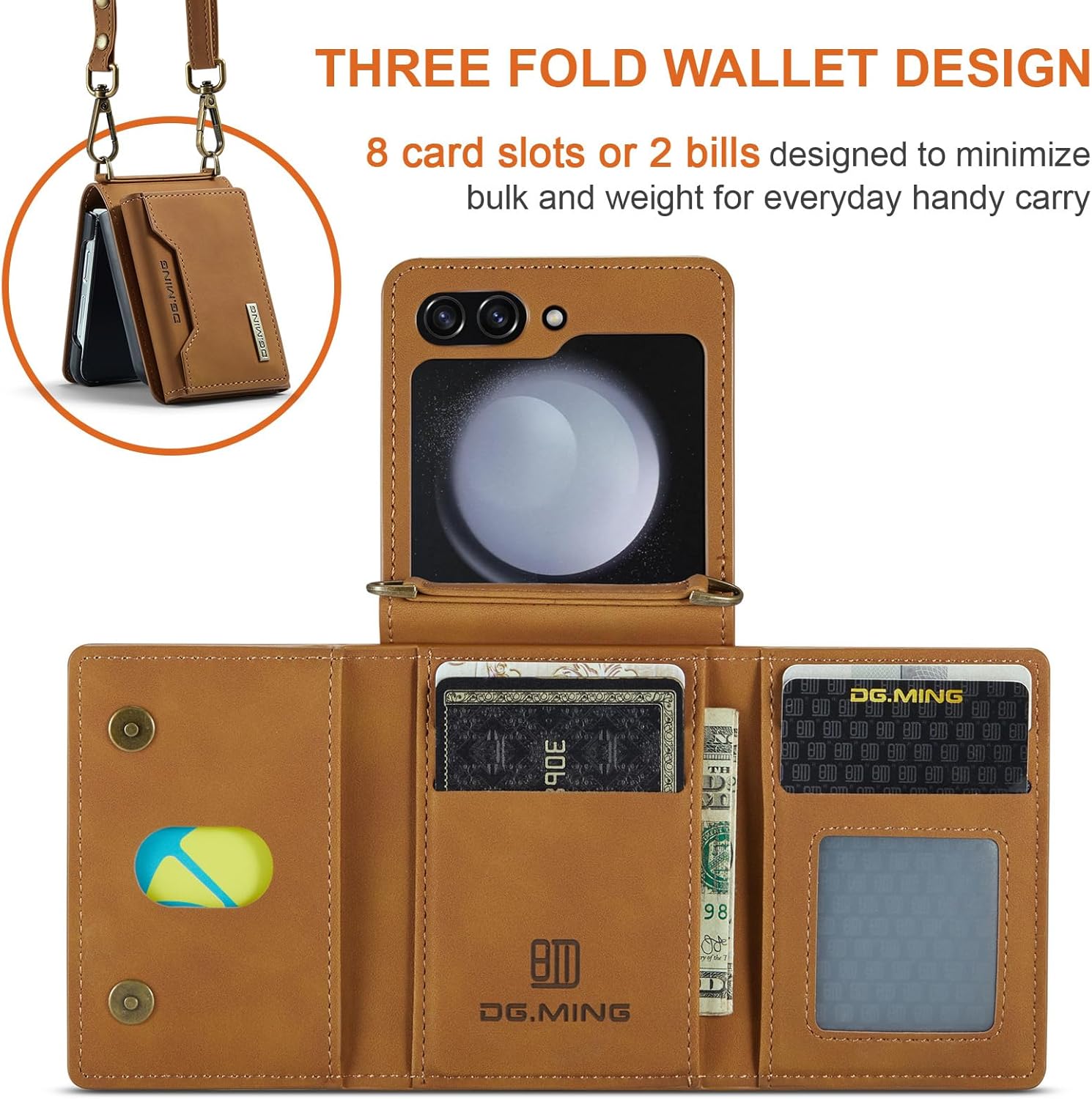 Wallet Case for Galaxy Z Flip 3/Galaxy Z Flip 4/Galaxy Z Flip 5/Galaxy Z Flip 6, Matte Leather, Protective Case with Card Slot Wallet and Shoulder Strap