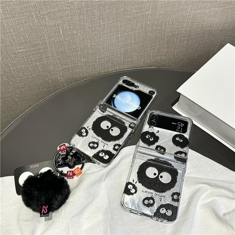 Cute coal briquette phone case with feather cardboard, suitable for Galaxy Z Flip 3/Galaxy Z Flip 4/Galaxy Z Flip 5/Galaxy Z Flip 6