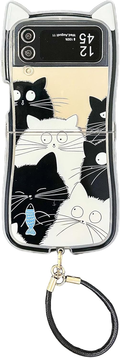 🐱[New Cat Ears] Black and White Cat Phone Case, Suitable for Galaxy Z Flip 3 / Galaxy Z Flip 4 / Galaxy Z Flip 5 / Galaxy Z Flip 6