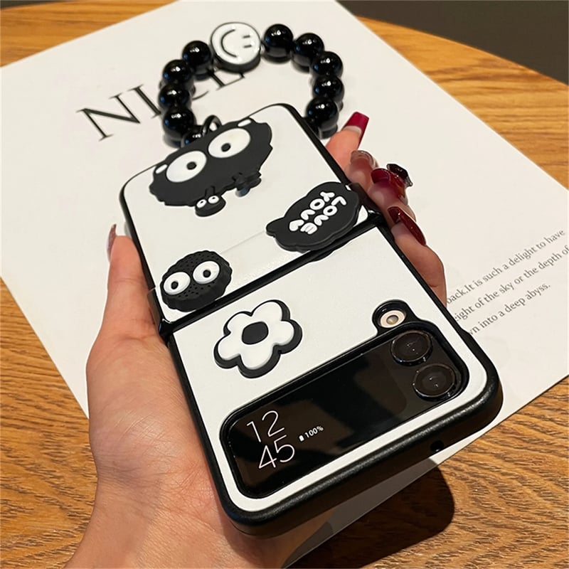 Cute Briquette Phone Case, Hinged Leather Grain Phone Case with Black Beaded Bracelet for Galaxy Z Flip 3/Galaxy Z Flip 4/Galaxy Z Flip 5/Galaxy Z Flip 6