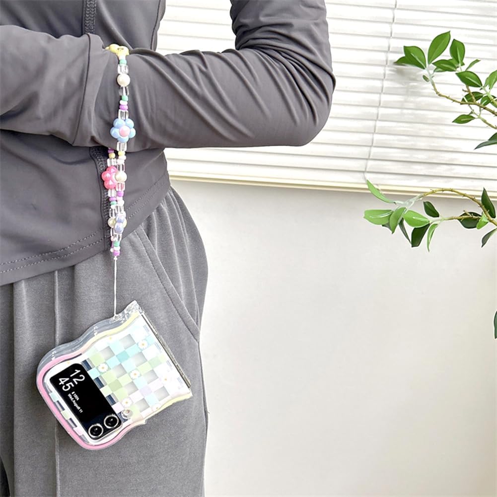 Cute Flower Case For Galaxy Z Flip 3/Galaxy Z Flip 4/Galaxy Z Flip 5/Galaxy Z Flip 6 – Checker and Daisy Print with Lovely Floral Beads Strap & Curly Wave Frame