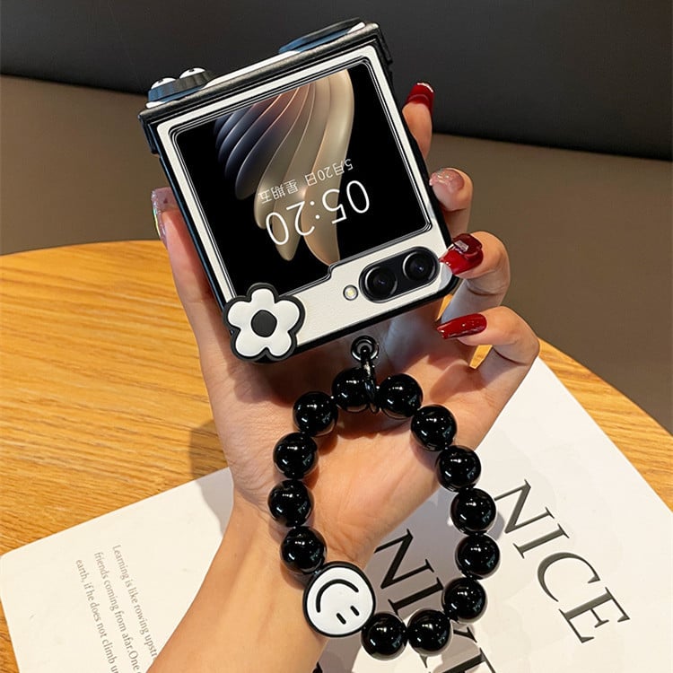 Cute Briquette Phone Case, Hinged Leather Grain Phone Case with Black Beaded Bracelet for Galaxy Z Flip 3/Galaxy Z Flip 4/Galaxy Z Flip 5/Galaxy Z Flip 6