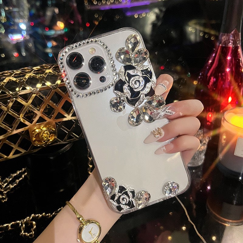 Hollow Rhinestone Rose Mobile Phone Case For iPhone 16 15 14 13 12 11 Series