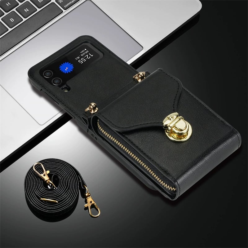 Mobile phone protective case with lanyard, crossbody, zipper card wallet for Galaxy Z Flip 3/Galaxy Z Flip 4/Galaxy Z Flip 5/Galaxy Z Flip 6
