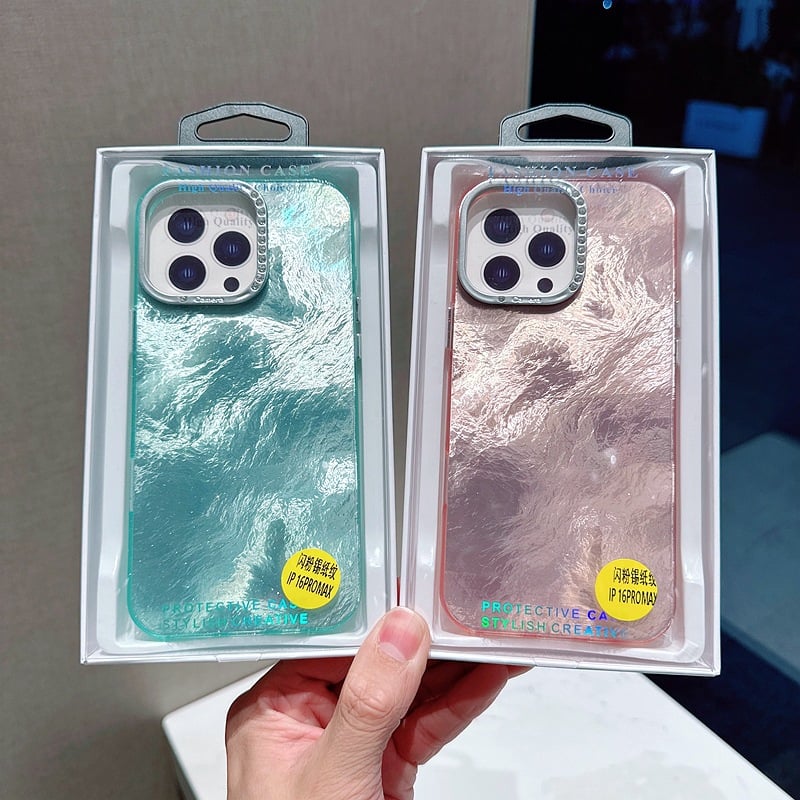Rhinestone Mirror Frame Foil Texture Protective Case Compatible With iPhone 11/12/13/14/15/16 series