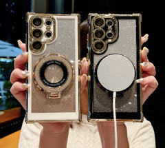 Two-color Glitter Magnetic Holder Airbag Phone Case For Samsung Galaxy S23 S24 Plus Ultra