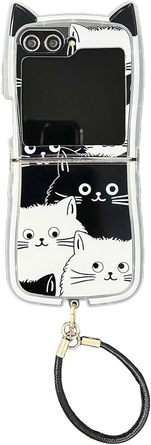 🐱[New Cat Ears] Black and White Cat Phone Case, Suitable for Galaxy Z Flip 3 / Galaxy Z Flip 4 / Galaxy Z Flip 5 / Galaxy Z Flip 6