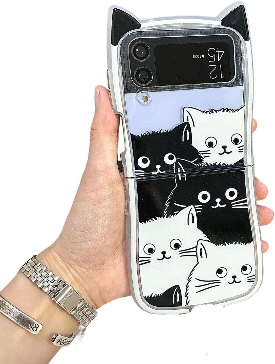 🐱[New Cat Ears] Black and White Cat Phone Case, Suitable for Galaxy Z Flip 3 / Galaxy Z Flip 4 / Galaxy Z Flip 5 / Galaxy Z Flip 6