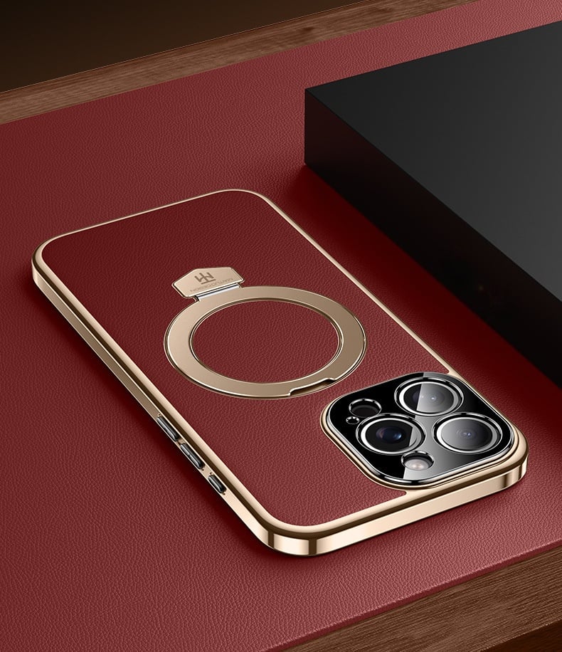 [17 Series Updated] Plain Leather Electroplated Magnetic Bracket Case