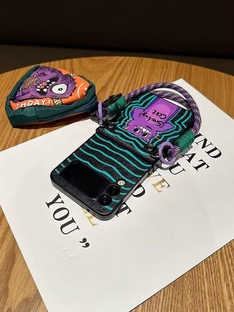 Funny Purple Cat Phone Case With Hand Strap And Big-Eyed Beast Green Wallet, Suitable For Galaxy Z Flip 3/Galaxy Z Flip 4/Galaxy Z Flip 5/Galaxy Z Flip 6