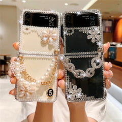 Glitter Rhinestone Flower and Luxury Pearl Flower Phone Case for Galaxy Z Flip 3/Galaxy Z Flip 4/Galaxy Z Flip 5/Galaxy Z Flip 6 with Bracelet