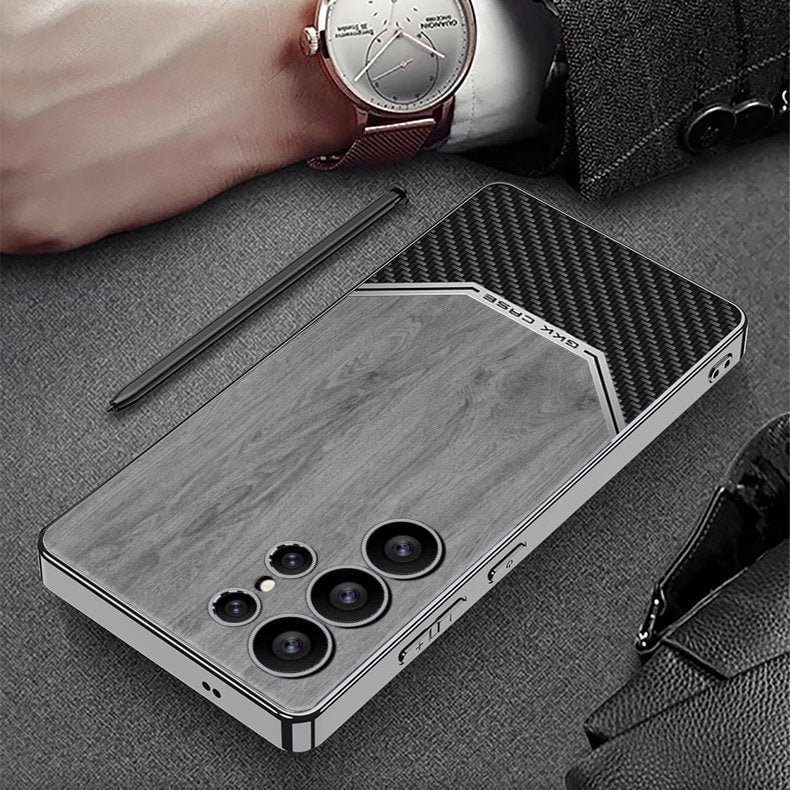 Electroplated Plain Leather Wood Grain Phone Case for Galaxy S25 Ultra(Only Case)