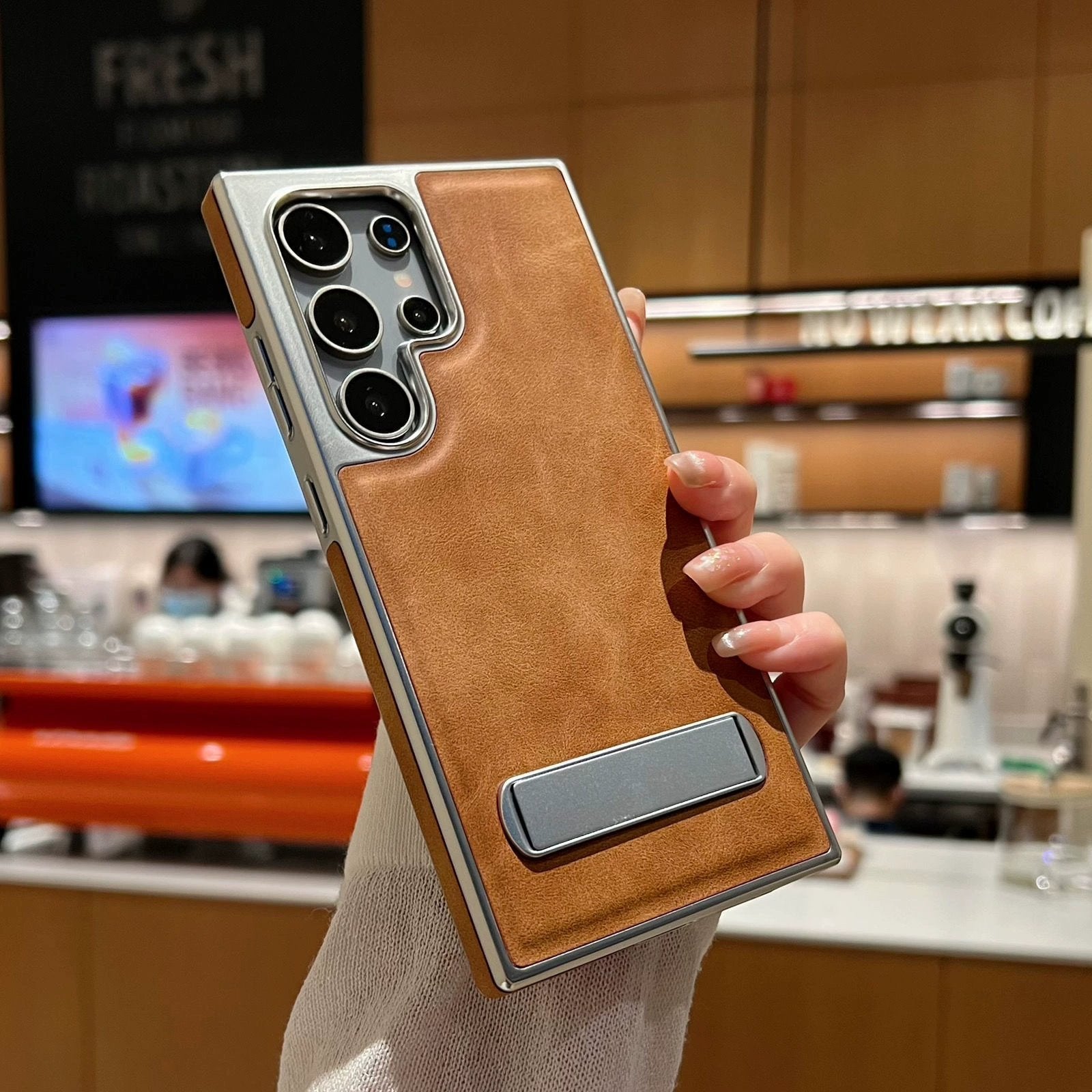 Luxury Leather Invisible Metal Bracket Holder Case For Samsung Galaxy S25 S24 S23 S22 Series