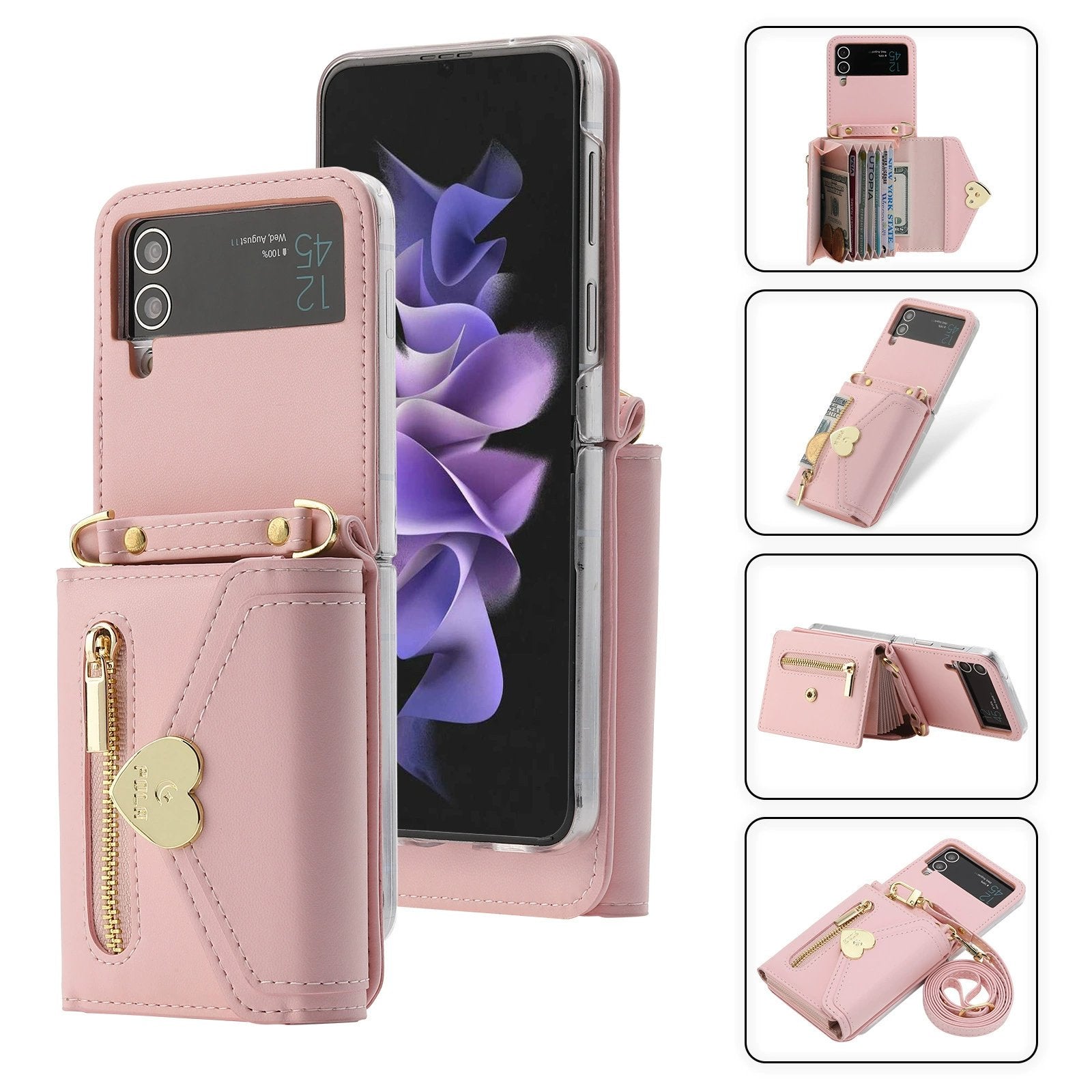 Heart Crossbody Card Holder Phone Case, Compatible with Galaxy Z Flip 3/Galaxy Z Flip 4/Galaxy Z Flip 5/Galaxy Z Flip 6