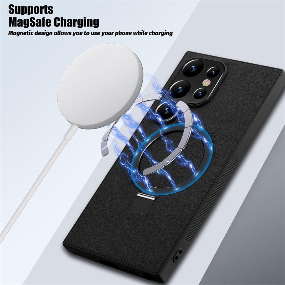 Leather Phone Case with Magnetic Metal Holder for Galaxy S24 S23 S22 Series, Support Wireless Charging