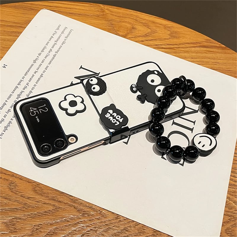 Cute Briquette Phone Case, Hinged Leather Grain Phone Case with Black Beaded Bracelet for Galaxy Z Flip 3/Galaxy Z Flip 4/Galaxy Z Flip 5/Galaxy Z Flip 6