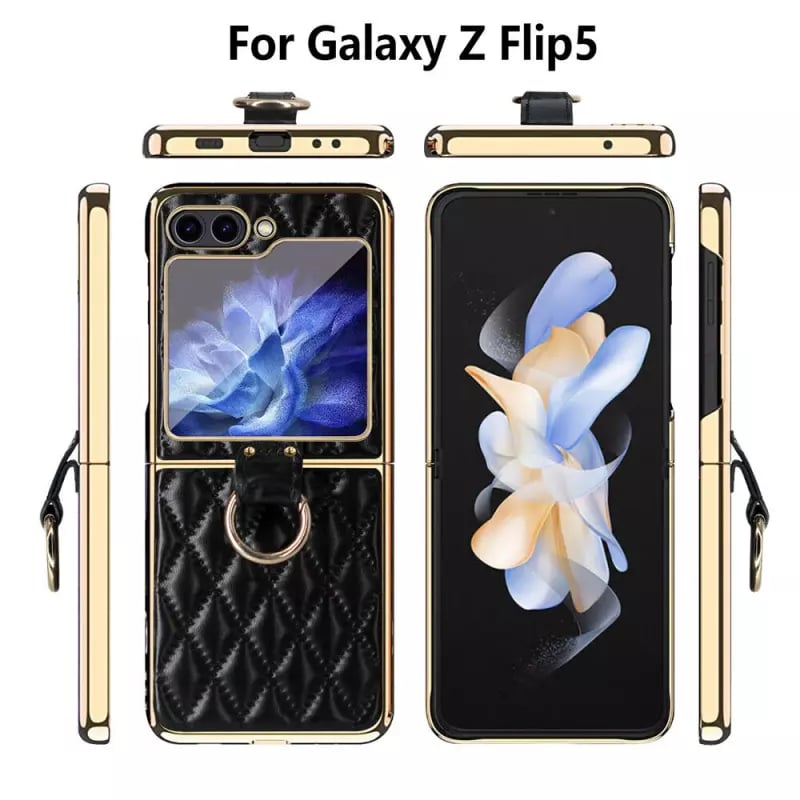 Luxury Leather Ring Stand Electroplating Shockproof Case For Galaxy Z Flip 3 / Galaxy Z Flip 4 / Galaxy Z Flip 5 / Galaxy Z Flip 6