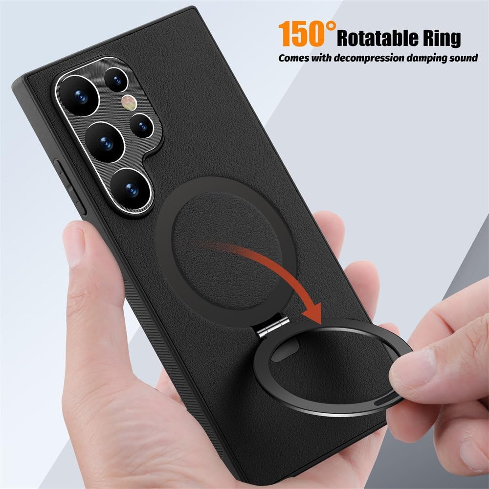 Leather Phone Case with Magnetic Metal Holder for Galaxy S24 S23 S22 Series, Support Wireless Charging