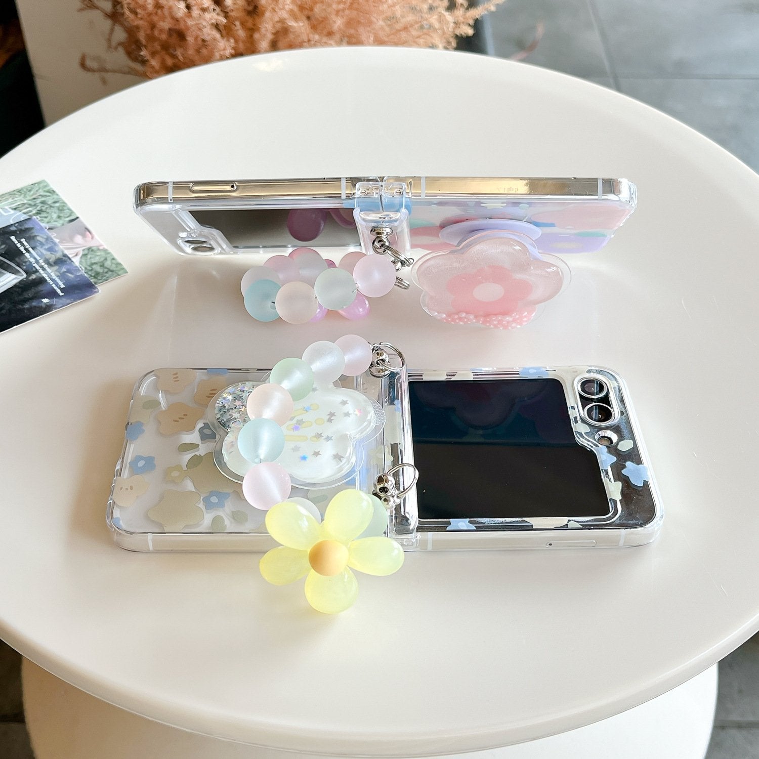 Pink and Yellow Flower Protective Case With Quicksand Stand For Galaxy Z Flip 3/Galaxy Z Flip 4/Galaxy Z Flip 5/Galaxy Z Flip 6