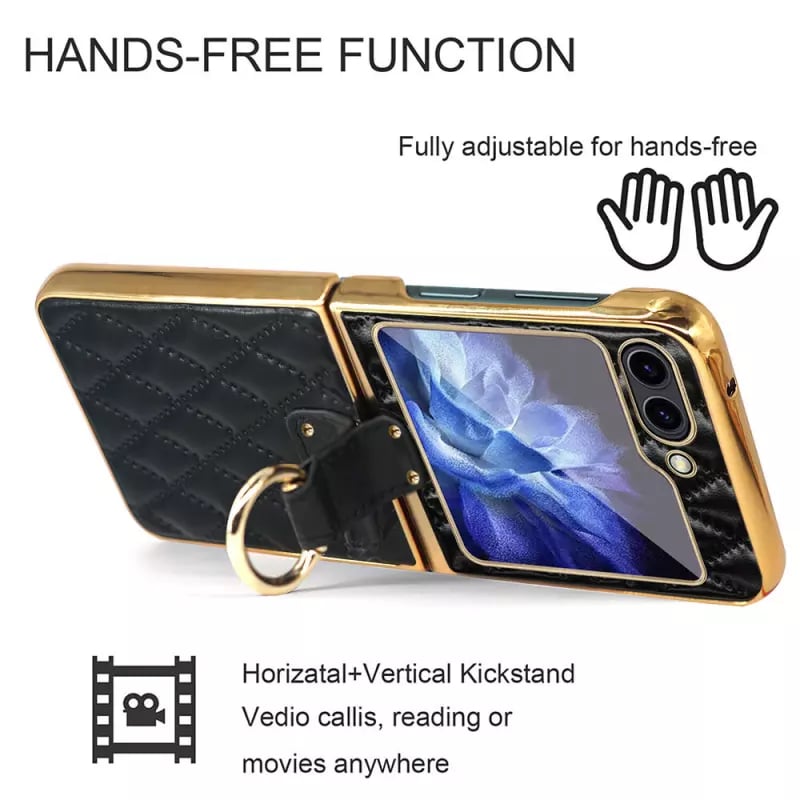 Luxury Leather Ring Stand Electroplating Shockproof Case For Galaxy Z Flip 3 / Galaxy Z Flip 4 / Galaxy Z Flip 5 / Galaxy Z Flip 6