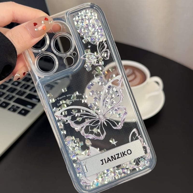 Riot Silver Butterfly Phone Case, Big Hole Diamond Quicksand Stand Case