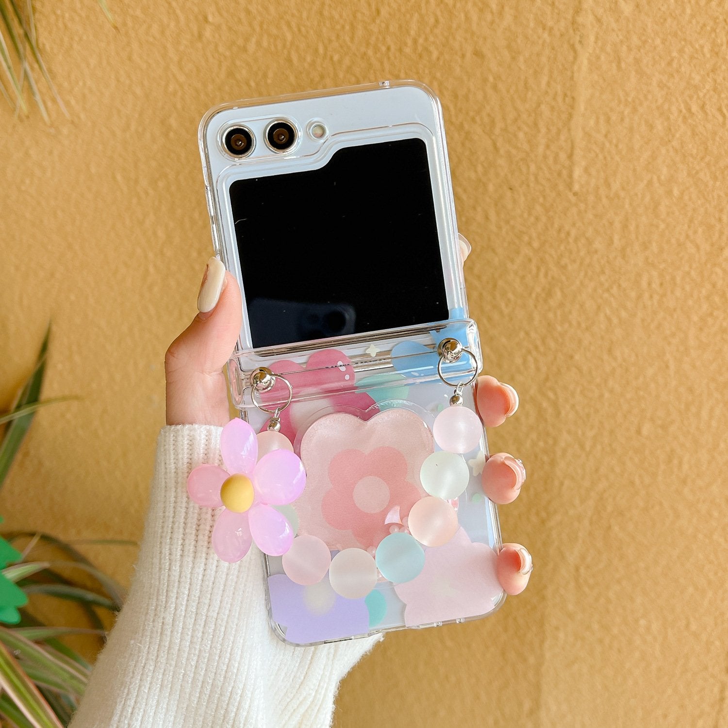 Pink and Yellow Flower Protective Case With Quicksand Stand For Galaxy Z Flip 3/Galaxy Z Flip 4/Galaxy Z Flip 5/Galaxy Z Flip 6