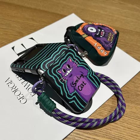 Funny Purple Cat Phone Case With Hand Strap And Big-Eyed Beast Green Wallet, Suitable For Galaxy Z Flip 3/Galaxy Z Flip 4/Galaxy Z Flip 5/Galaxy Z Flip 6