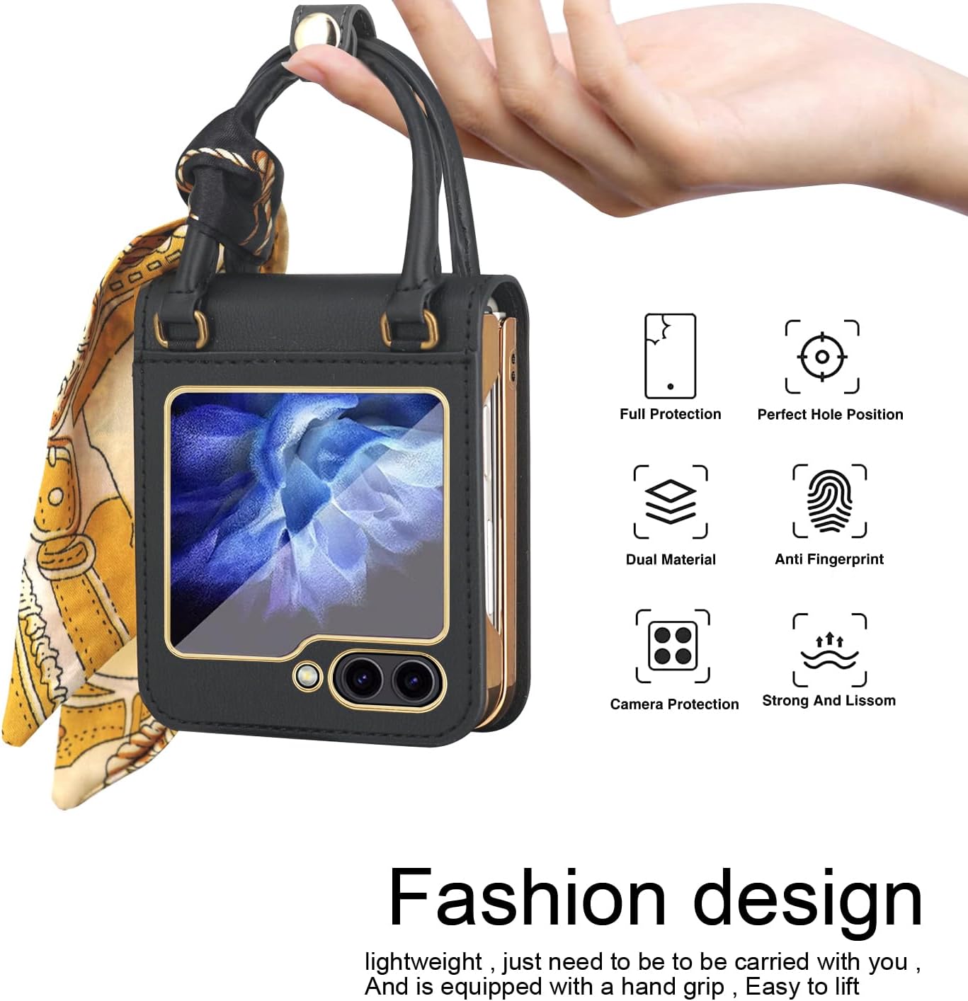 Mobile phone case for Galaxy Z Flip 3 / Galaxy Z Flip 4 / Galaxy Z Flip 5 / Galaxy Z Flip 6, mobile phone leather case with mirror and scarf