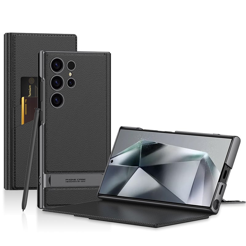 Leather Electroplated Protective Cover With Invisible Holder For Galaxy S24 S23 Ultra