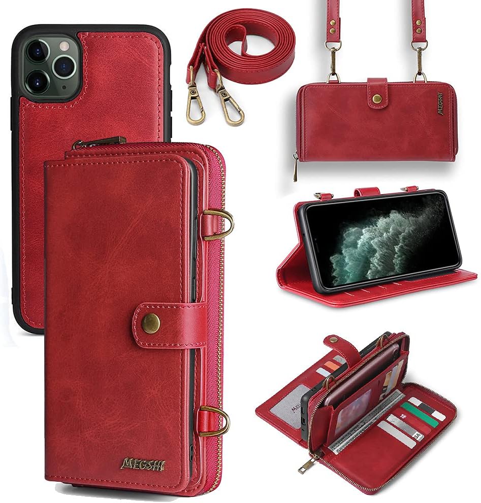 TwoHead for iPhone Wallet Case, Multi-Function Detachable 3 in 1 Magnetic Phone Case Wallet, Flip Strap Zipper Card Holder Phone Case with Shoulder Straps for iPhone