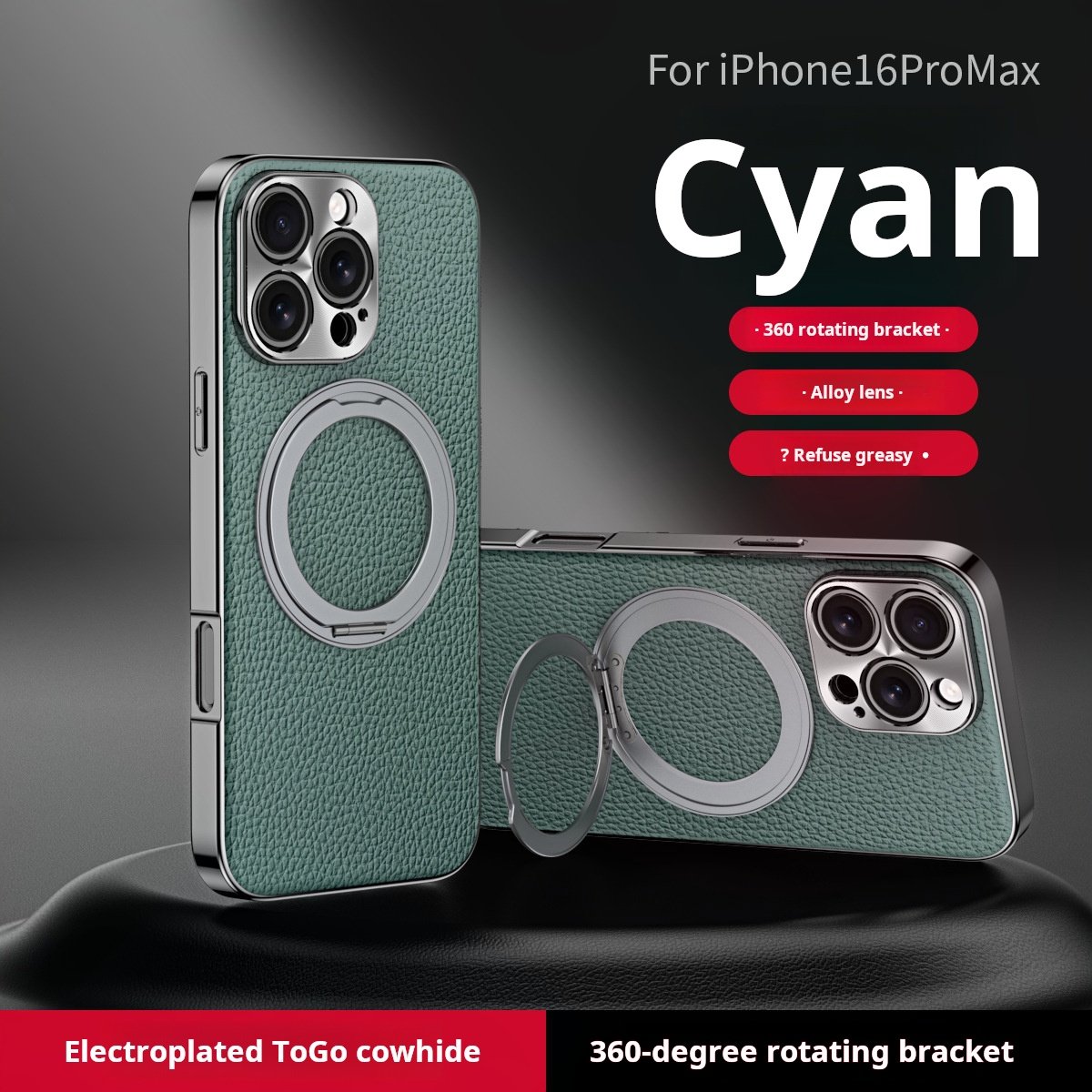 Genuine Togo Cowhide Leather Magsafe Case For iPhone 16 15 14 Series Ring Bracket Cover