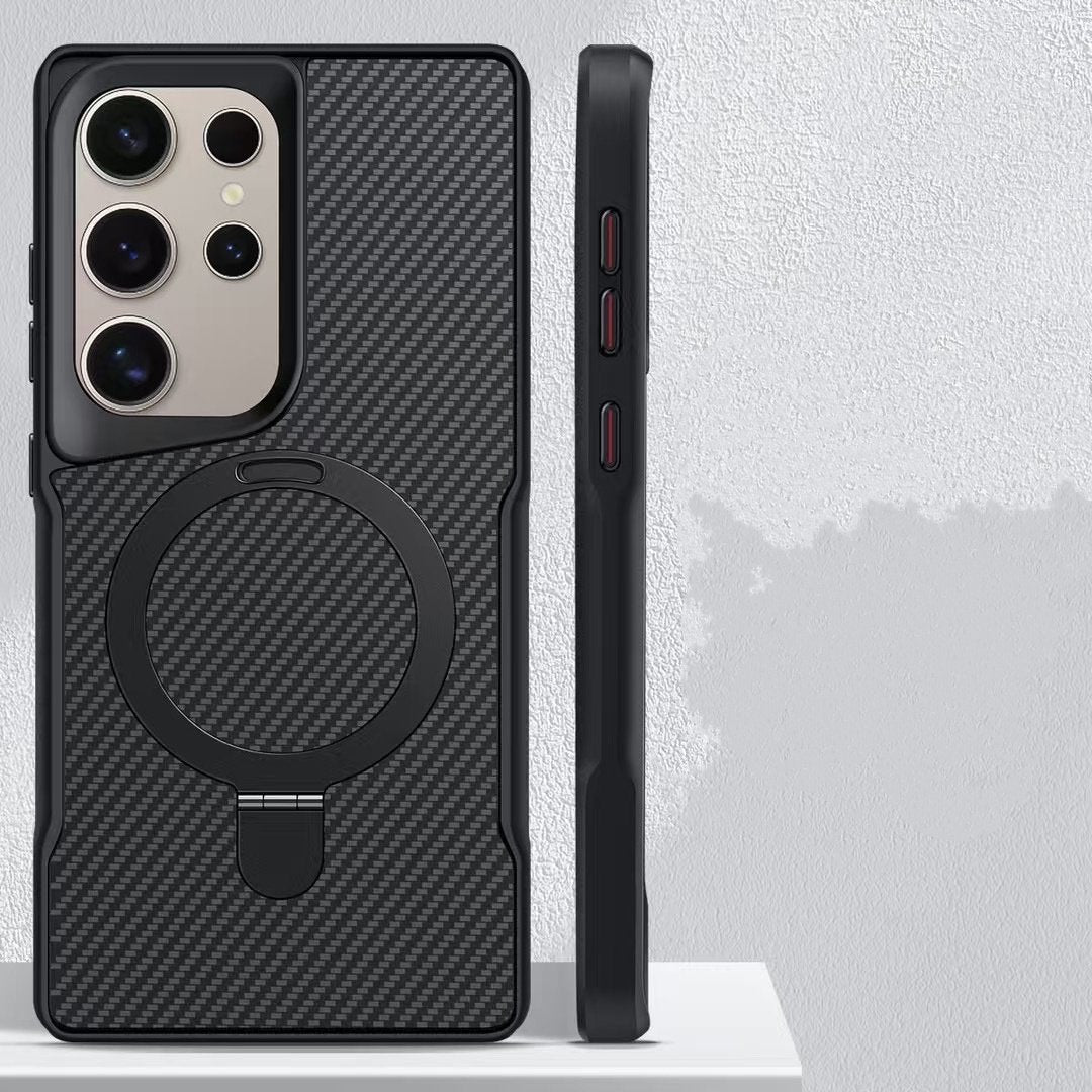Carbon fiber texture magnetic stand anti-drop protective case for Samsung Galaxy S25 series, S24 Ultra, S23 Ultra, S22 Ultra