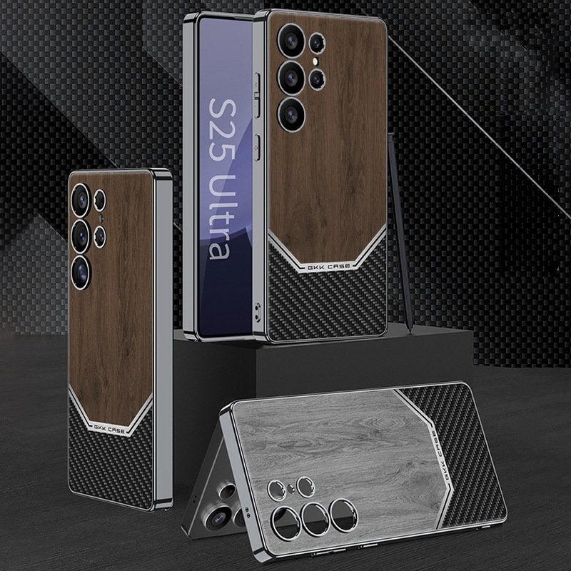 Electroplated Plain Leather Wood Grain Phone Case for Galaxy S25 Ultra(Only Case)