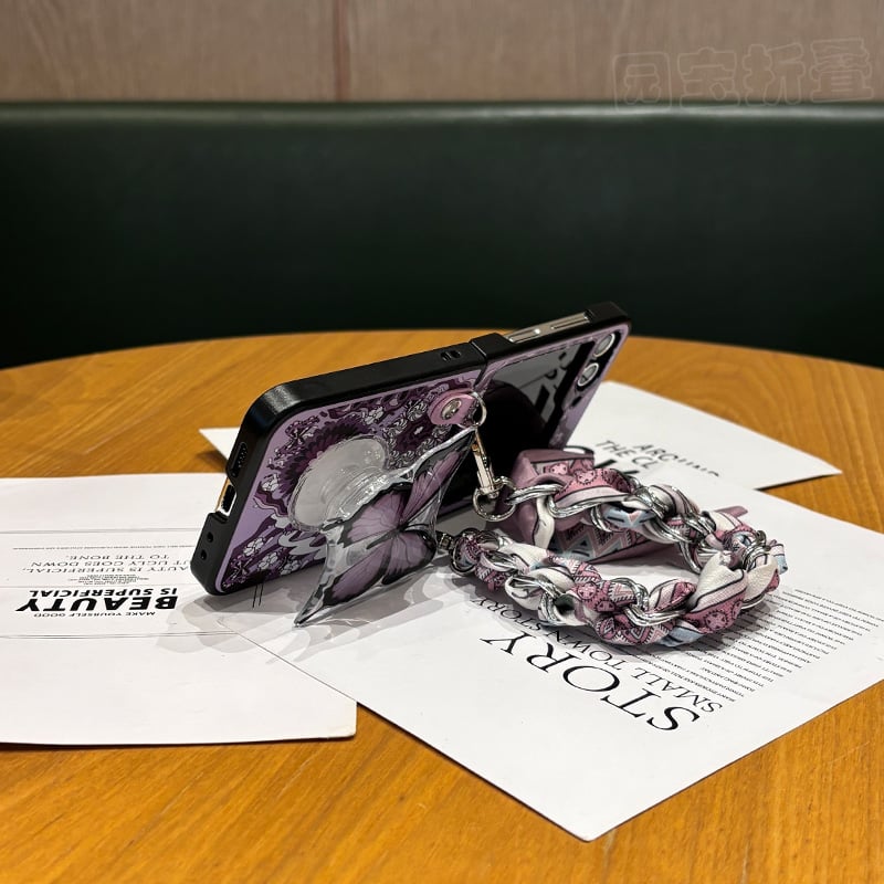 Taro Purple Butterfly Phone Case with Purple Butterfly Holder and Purple Houndstooth Scarf Chain, Compatible with Galaxy Z Flip 3/Galaxy Z Flip 4/Galaxy Z Flip 5/Galaxy Z Flip 6