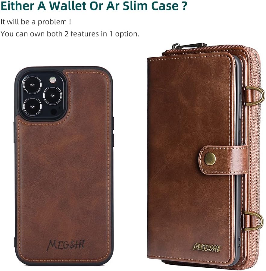 TwoHead for iPhone Wallet Case, Multi-Function Detachable 3 in 1 Magnetic Phone Case Wallet, Flip Strap Zipper Card Holder Phone Case with Shoulder Straps for iPhone