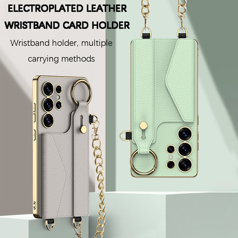 Suitable For Samsung Galaxy S25 S24 S23 Ultra Electroplated Leather Wristband Card Holder Mobile Phone Case