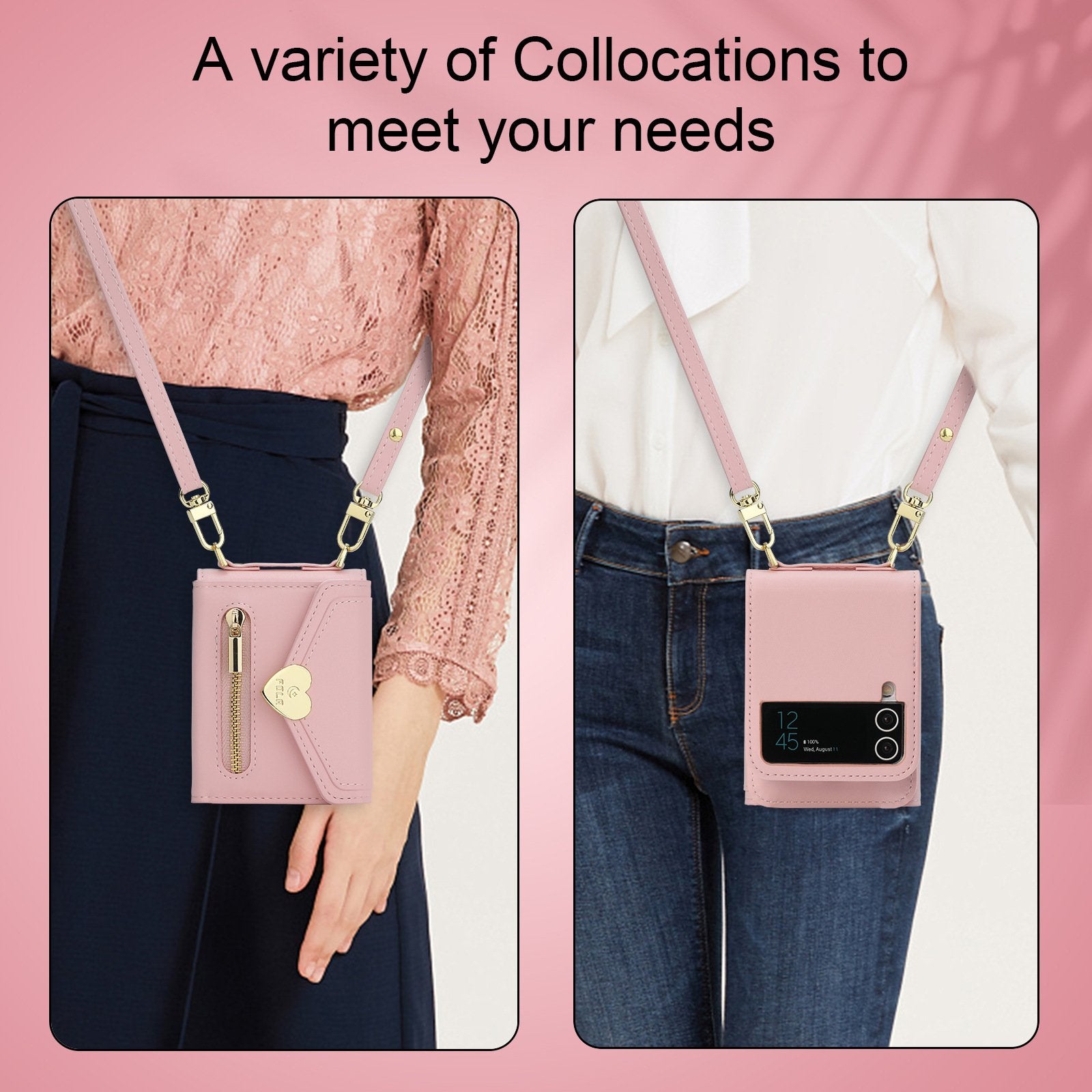 Heart Crossbody Card Holder Phone Case, Compatible with Galaxy Z Flip 3/Galaxy Z Flip 4/Galaxy Z Flip 5/Galaxy Z Flip 6