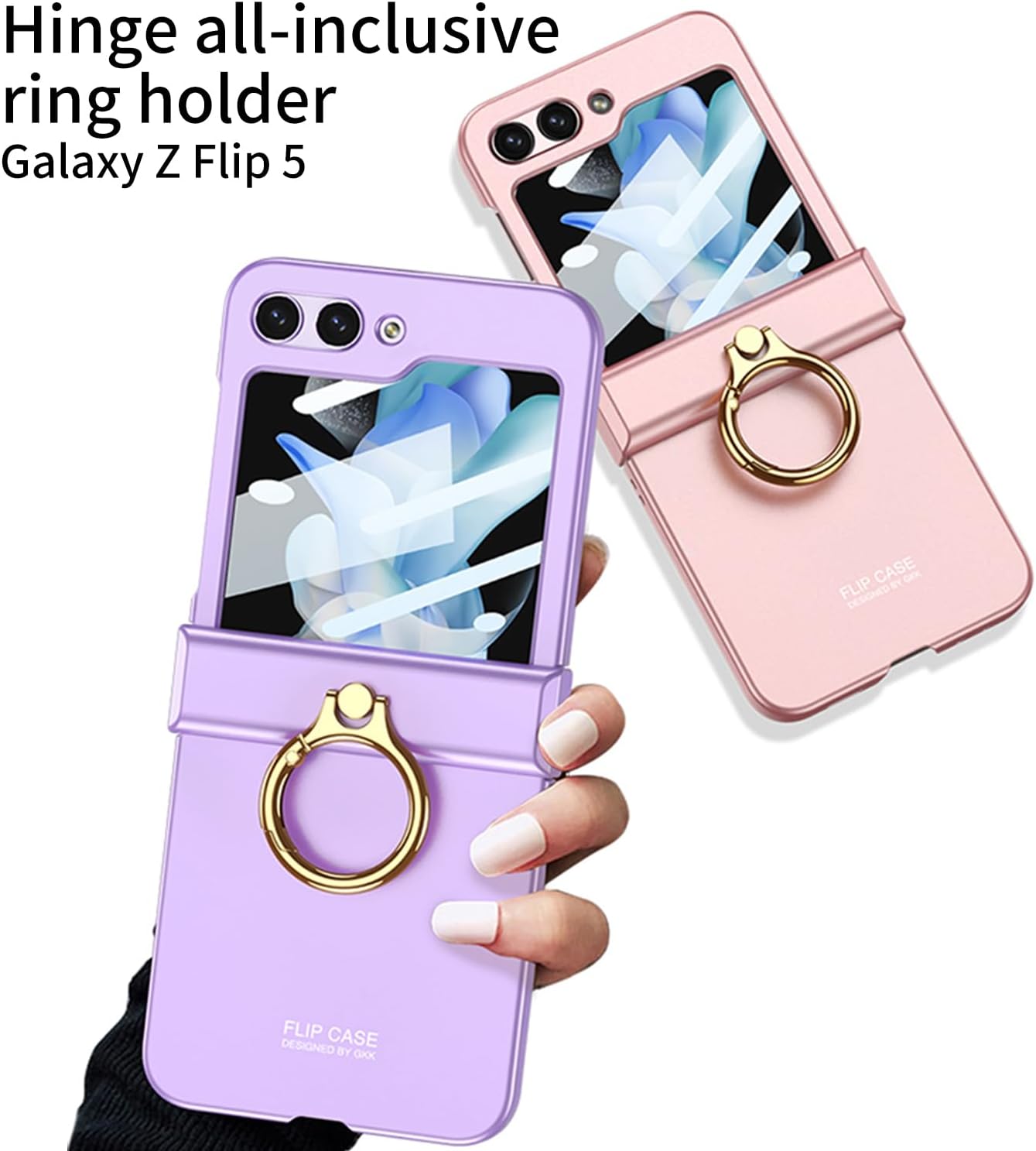 Ultra-thin mobile phone case with hinge ring holder and shell-film integrated for Galaxy Z Flip 5/Galaxy Z Flip 6, drop-proof