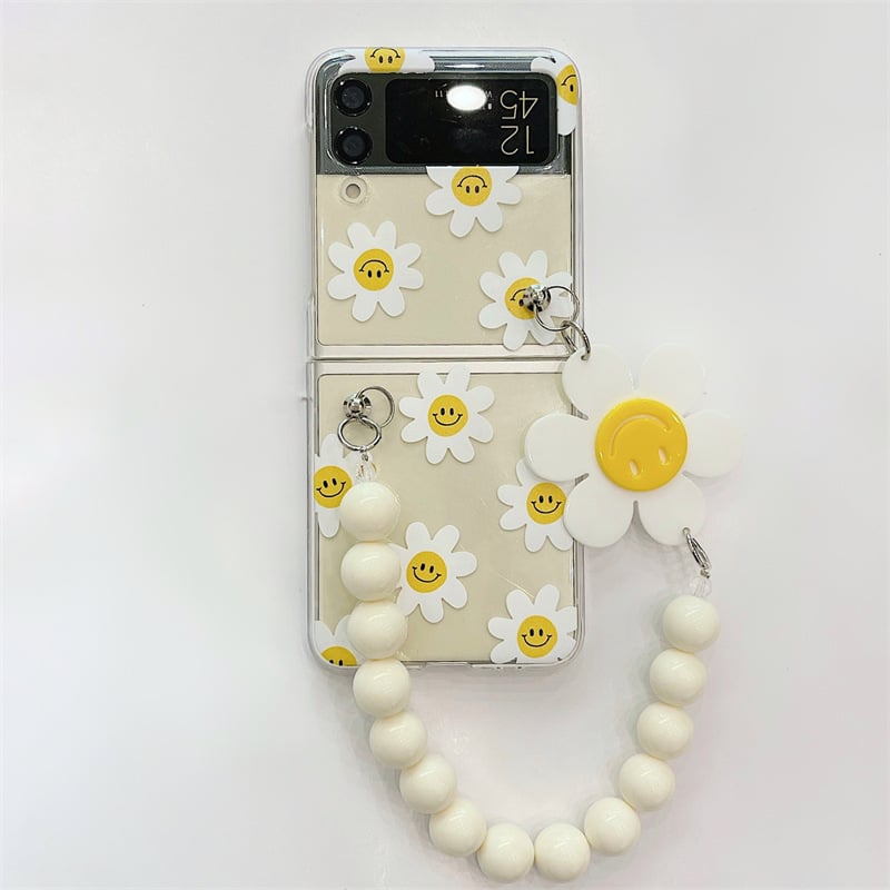 Cute Sunflower Clear Phone Case with Wrist Strap for Galaxy Z Flip 3/4/5/6 | Hard PC Anti-Scratch Protective Cover