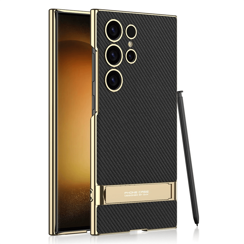 For Galaxy S25 S24 S23 Ultra Electroplated Leather Gear Adjustment Bracket Fine Hole Anti-Fall Protective Cover(Only Case)