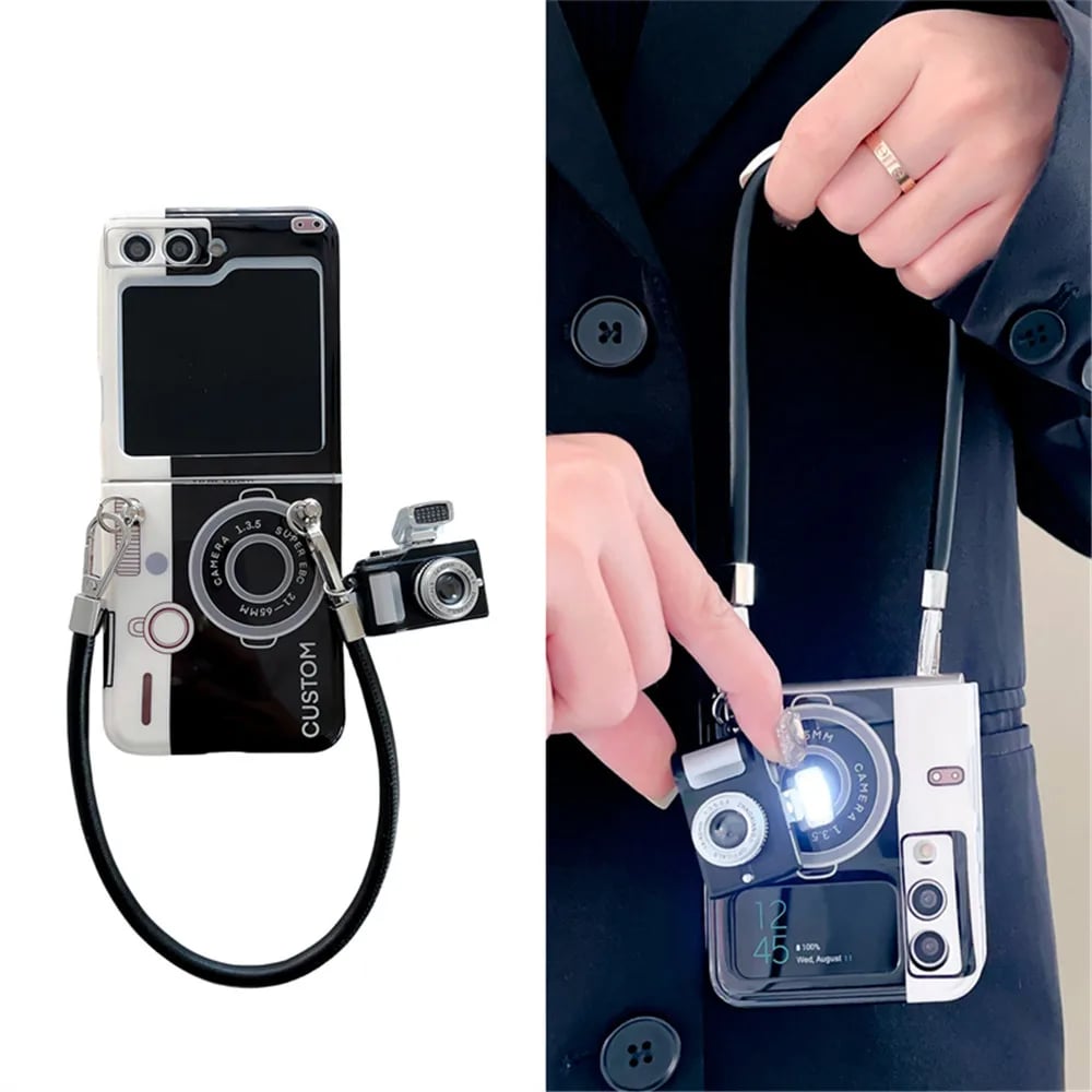 Blue light retro camera phone case, suitable for Galaxy Z Flip 3/Galaxy Z Flip 4/Galaxy Z Flip 5/Galaxy Z Flip 6