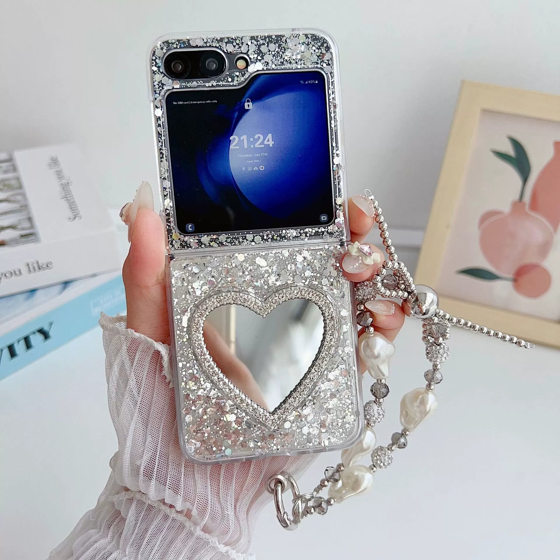 Silver Sequin Heart Mirror Phone Case For Galaxy Z Flip 3/Galaxy Z Flip 4/Galaxy Z Flip 5/Galaxy Z Flip 6