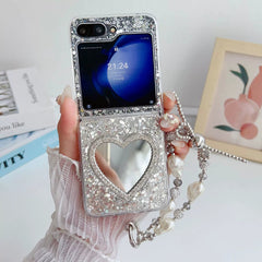 Silver Sequin Heart Mirror Phone Case For Galaxy Z Flip 3/Galaxy Z Flip 4/Galaxy Z Flip 5/Galaxy Z Flip 6
